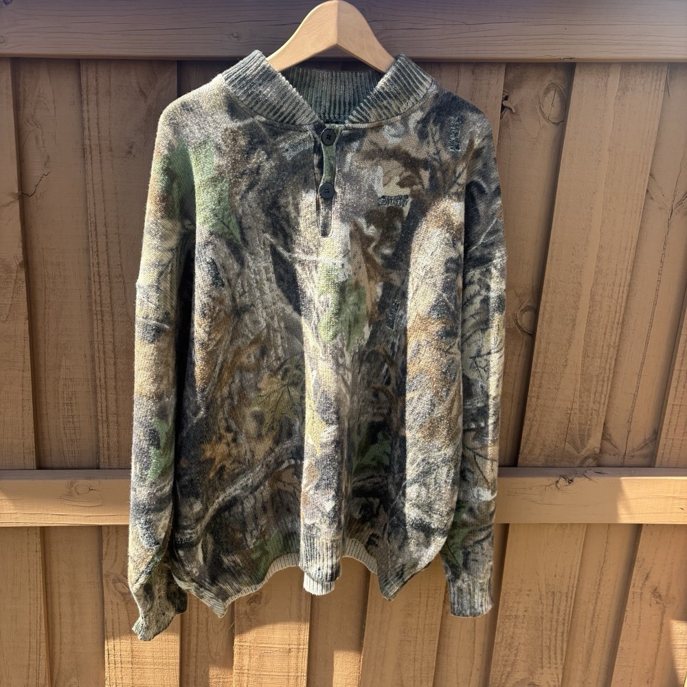 Vintage Saftbak Sweater Mens XL Camo Henley Hunting Woodland Camo Wool Blend